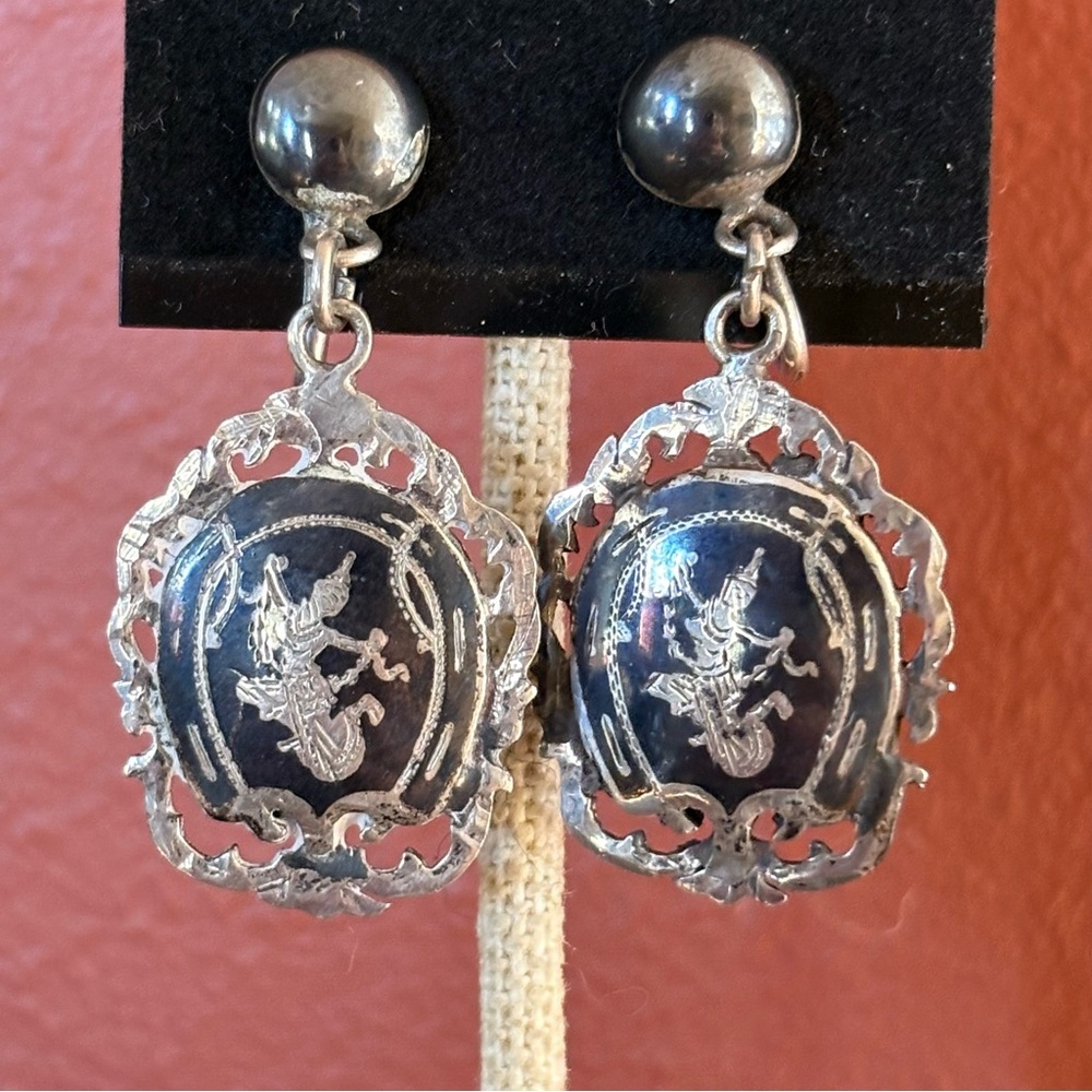Siam Goddess Mekkala Niello Silver Screw Back Earrings